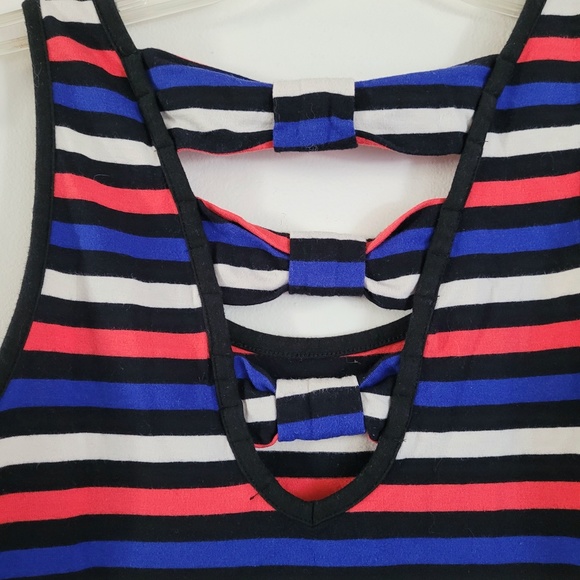 Y2K Forever 21 Striped Bodycon Dress Bows Cutout Coral Blue‎ XXI Small - Picture 9 of 12
